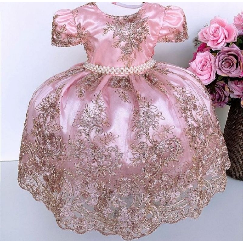 Vestido Infantil de Festa Rosa com Dourado Luxo Princesa Realeza ...