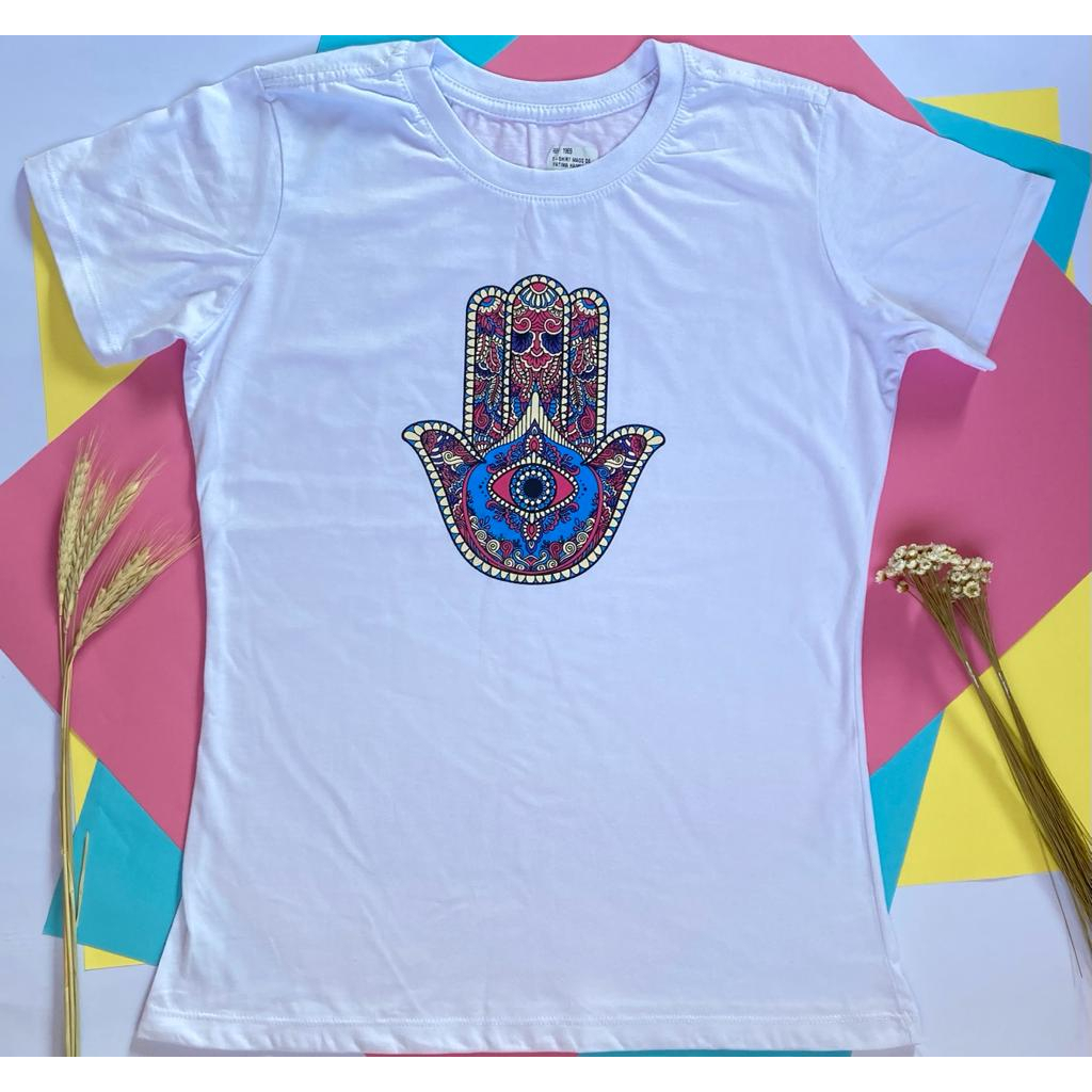 Camiseta Blusa T -shirt Feminina Mãos De Fatima Hamsa Branca