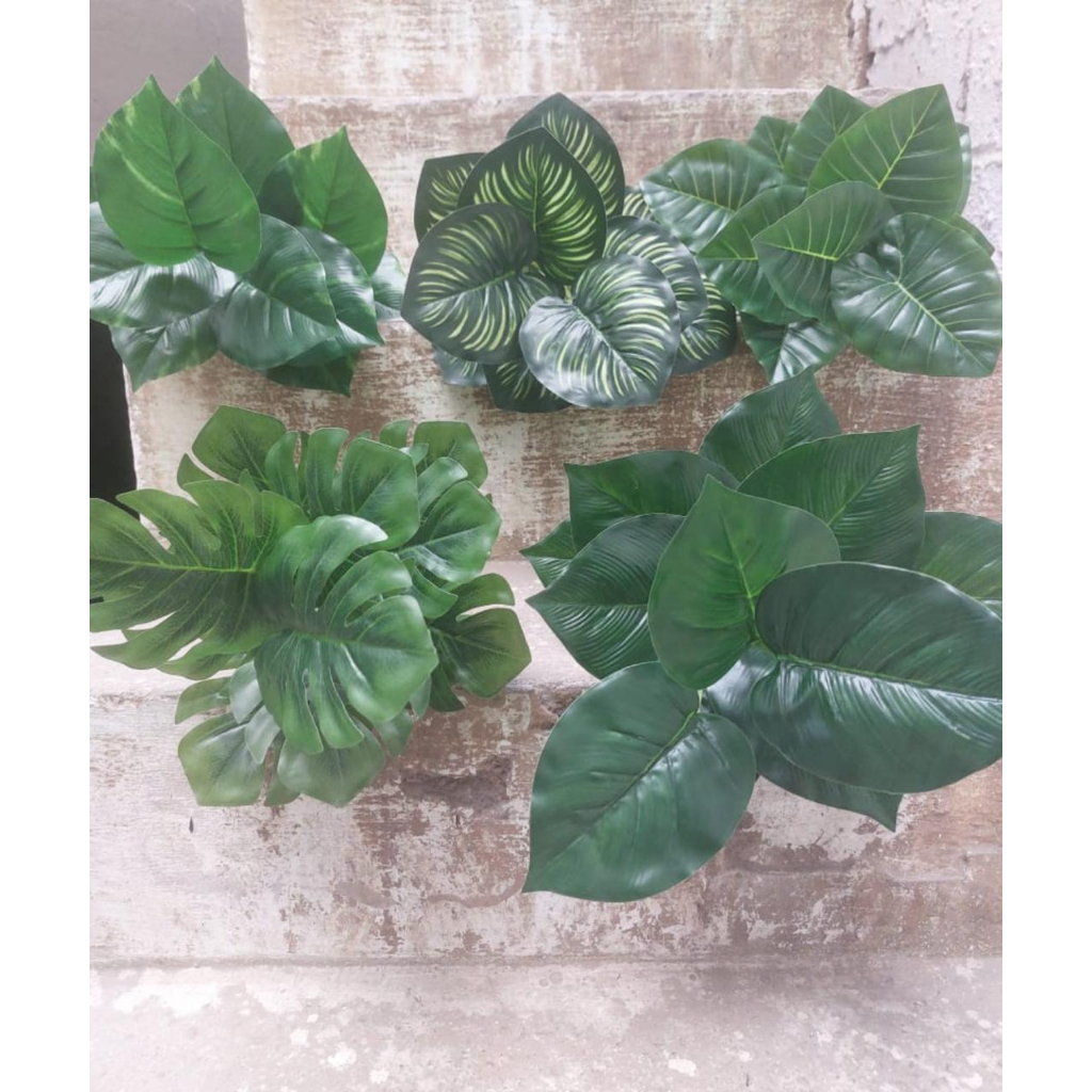 12 peças de folhas verdes artificiais de plantas de plástico