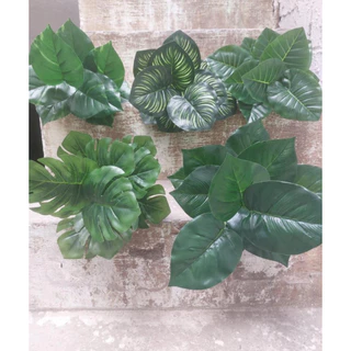 12 peças de folhas verdes artificiais de plantas de plástico