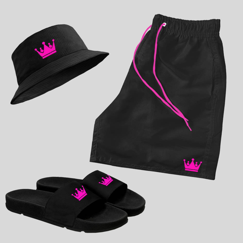 Kit Short Praia Mauricinho Masculina + Chinelo Slide + Bucket hat Coroa Rosa