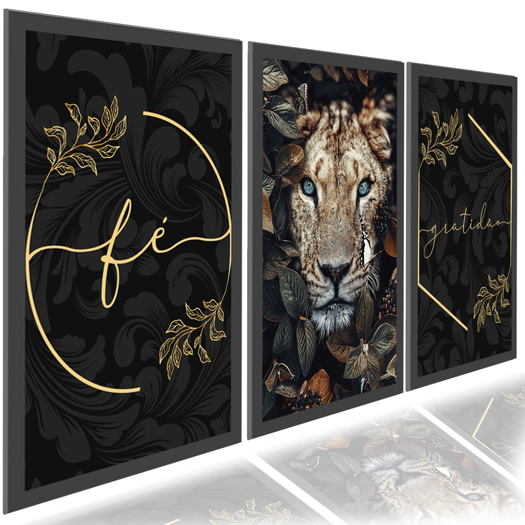 Kit Quadros Decorativos Mosaico 3 Peças Trio Frase Fé Amor Gratidão Leão Judá Tigre Olhos Azuis Floral Vintage Minimalista Delicado Geometrico Presente