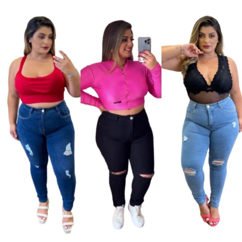 Calça Jeans Plus Size Wide Leg Barra Desfiada Clara Rasgada