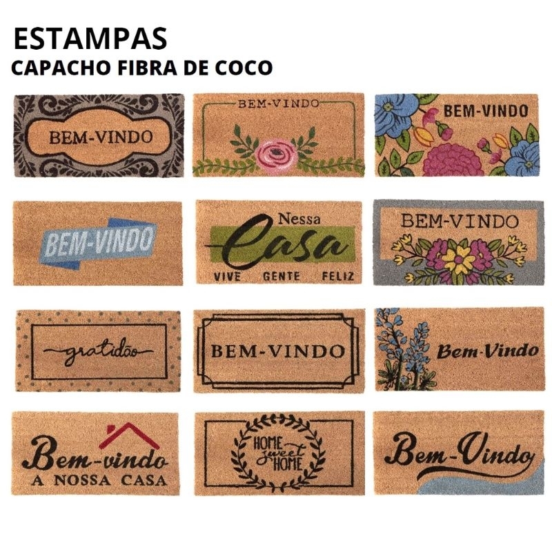 Capacho fibra de coco, porta de entrada, com estampas lindas e base em borracha antiderrapante.