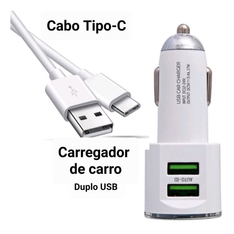 Adaptador Carregador Veicular Entrada USB Duplo S15 Mais Cabo Type C H Maston Original Shopee