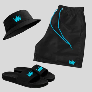 Kit Short Praia Mauricinho Masculina + Chinelo Slide + Bucket hat Coroa Azul