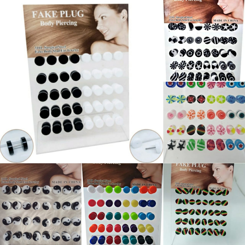 Cartela Brinco falso Alargador Unissex Preto/Branco Preto Colorido Figuras Variadas Yin Yang Raggae/