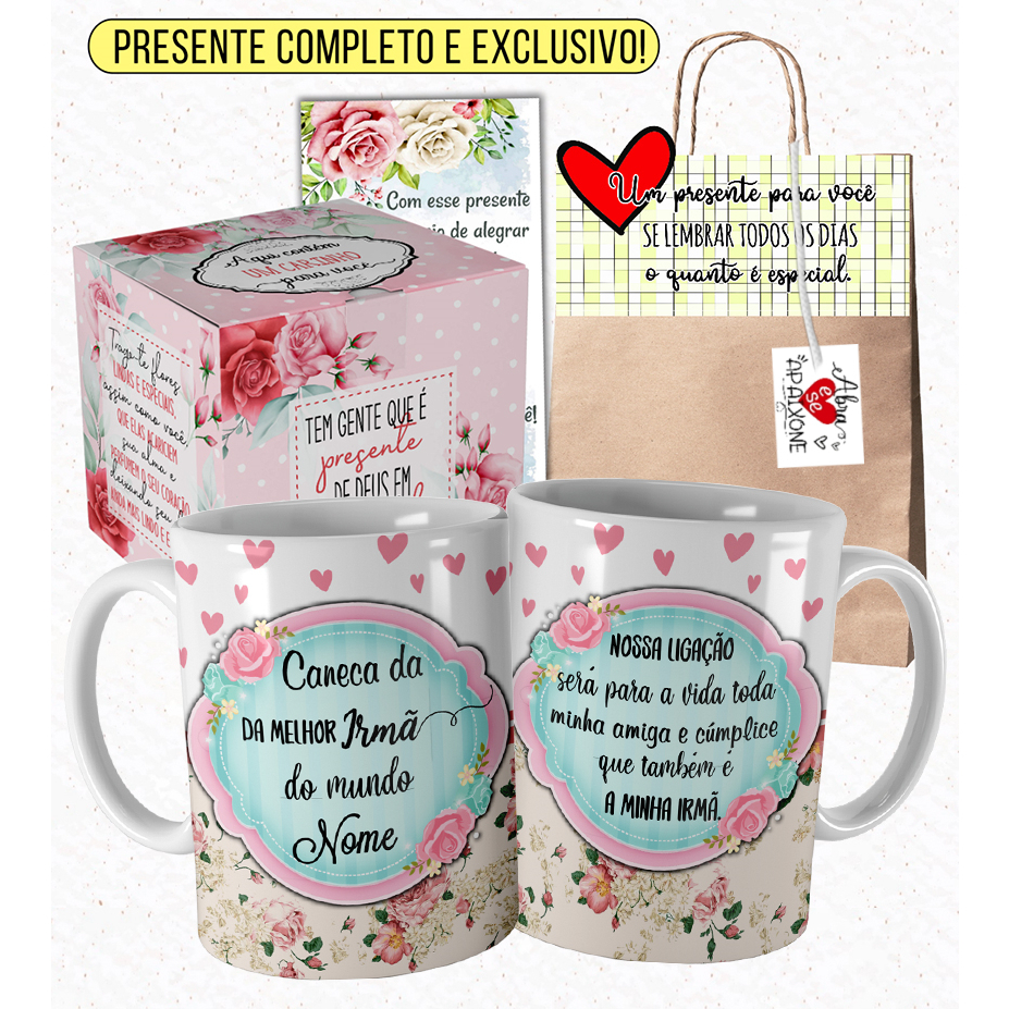 Caneca Irmã com Nome Linda A Melhor Irmã do Mundo com Embalagem Presenteável Abc