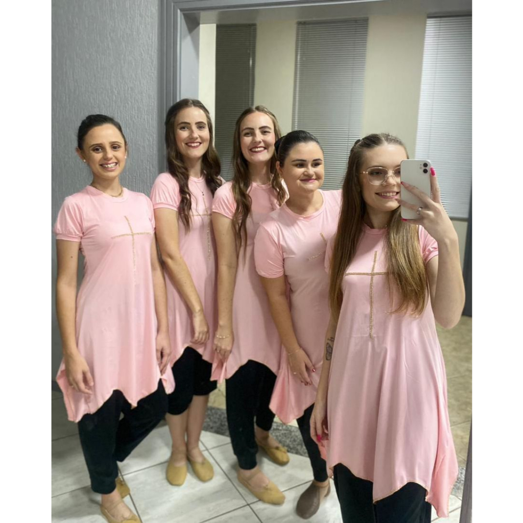 Bata (Modelo 6 Pontas) Cruz com Strass | Rosa | Vestes dança profética coreografia gospel bata