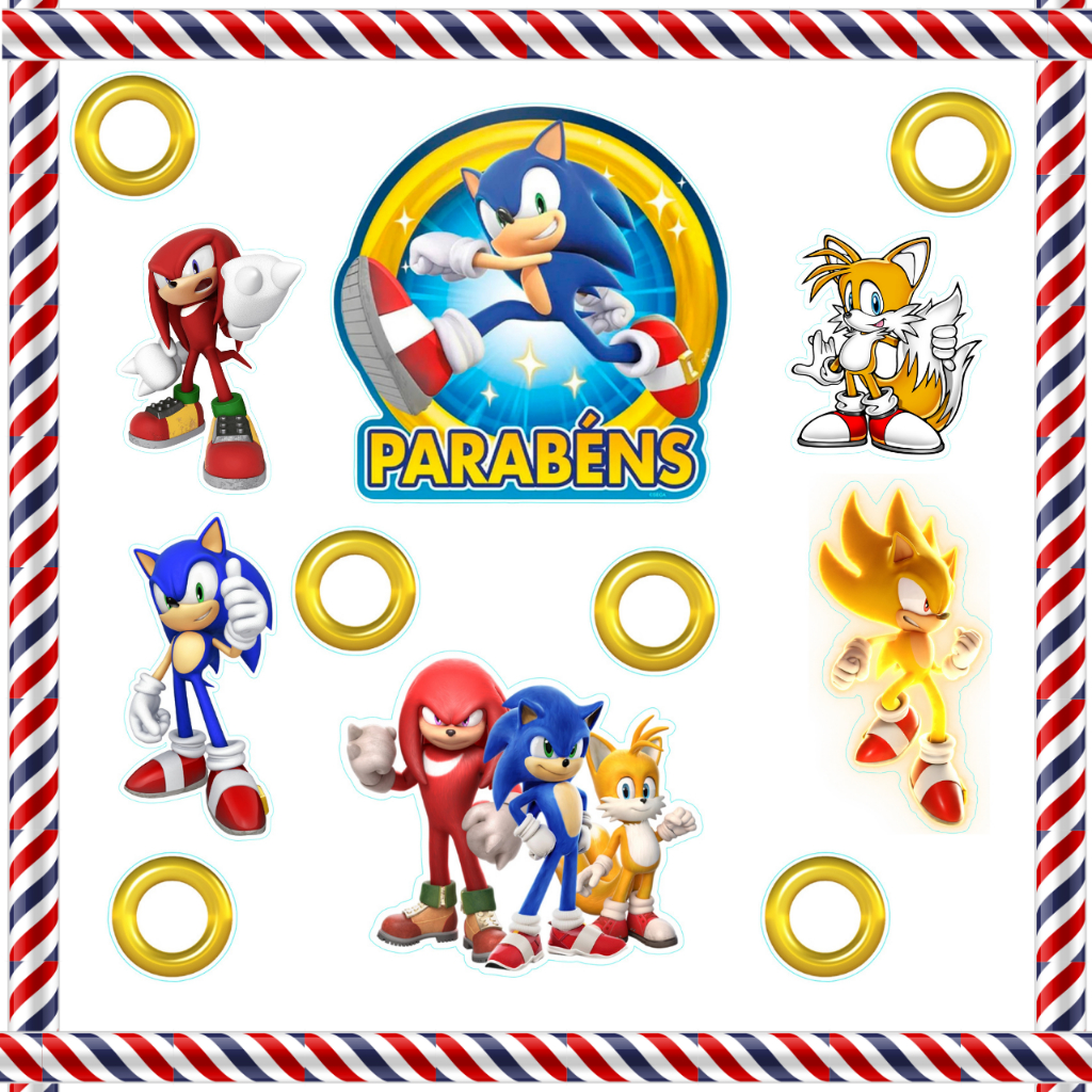 Topo de Bolo Sonic 2 Parabéns - 5 Itens