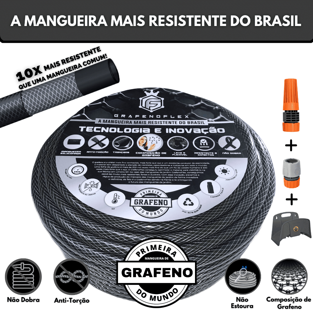 Mangueira de Jardim Siliconada Ultra Resistente Anti-Torção GrafenoFlex + Suporte Tramontina