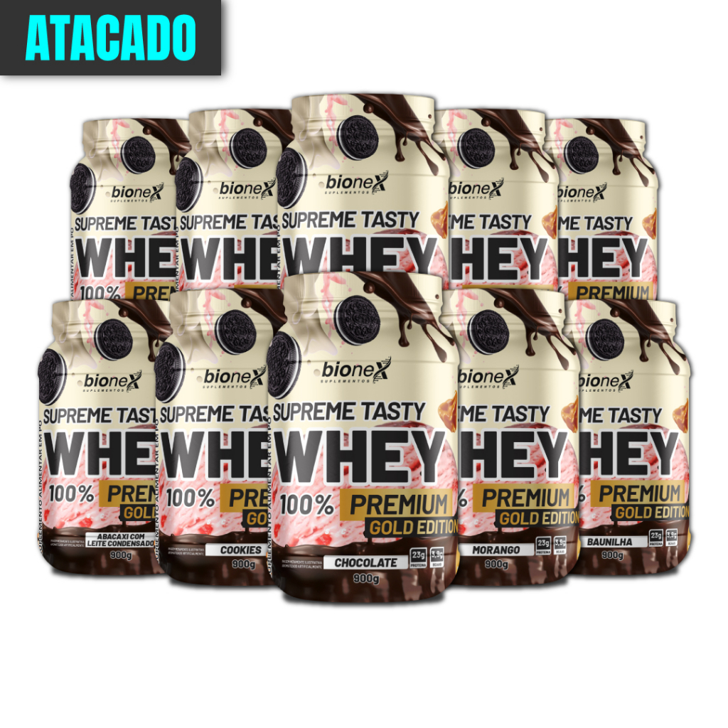 Kit Atacado 10x Whey Protein 900g Supreme Tasty 100% Premium Linha Gold Edition Bionex