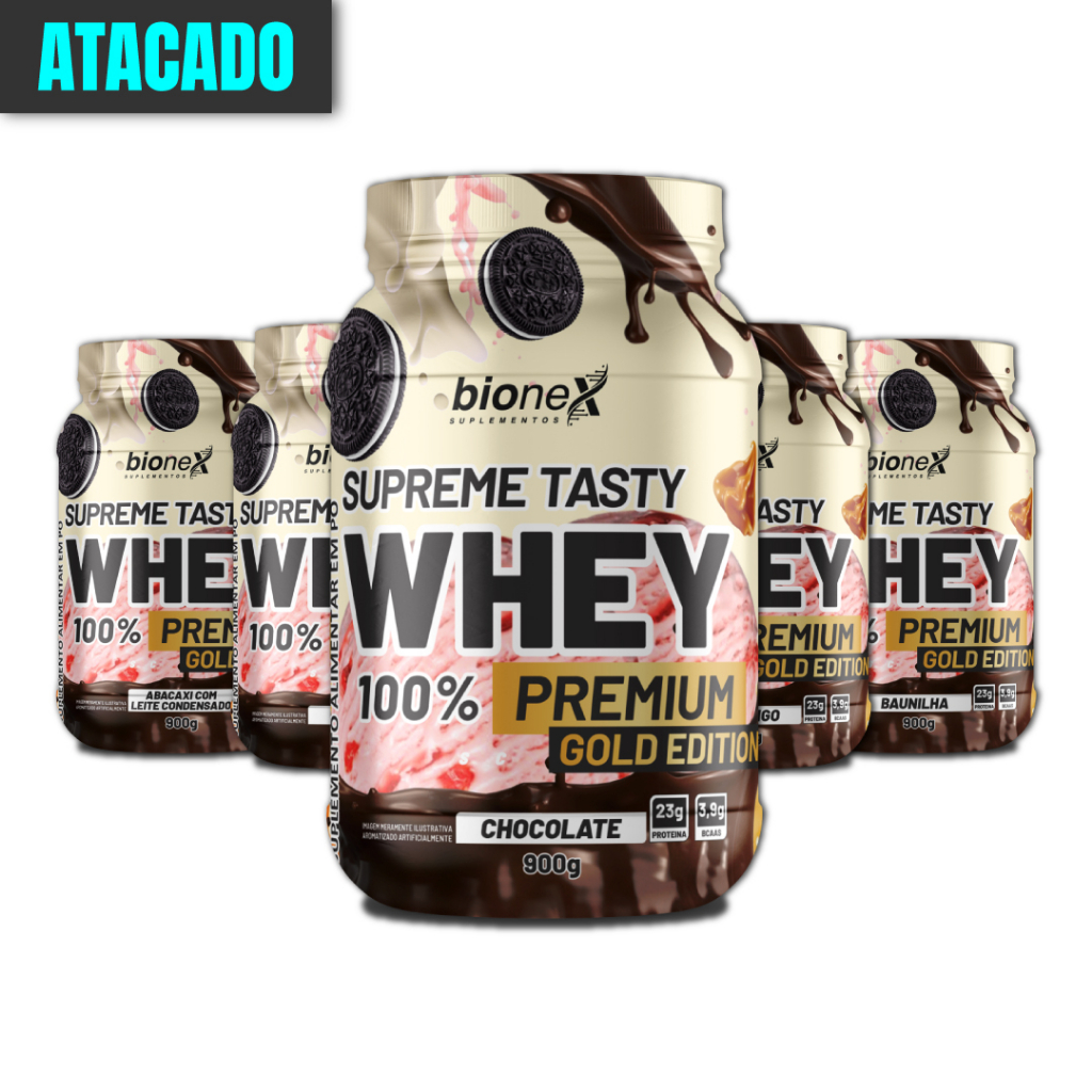 Kit Atacado 5x Whey Protein 900g Supreme Tasty 100% Premium Linha Gold Edition Bionex