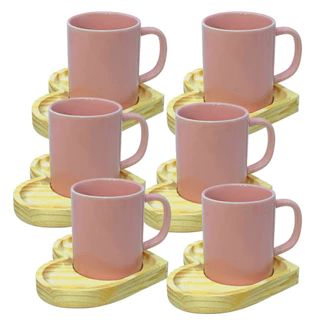 Jogo 6 Xícara Caneca Porcelana Rosa 100ml E Pires Coração Madeira