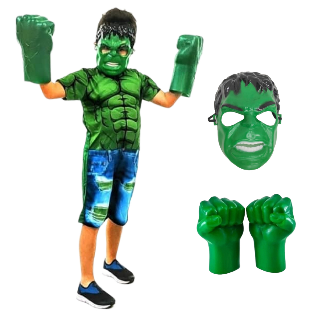 Fantasia Curta Hulk + Máscara Plástica + Par de Luvas Soco Hulk