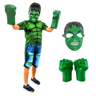Fantasia Curta Hulk + Máscara Plástica + Par de Luvas Soco Hulk