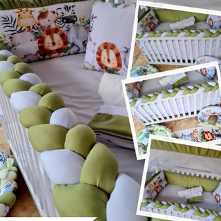 Kit de Berço Safari Baby Verde 10 Peças com Protetor Lateral Trança