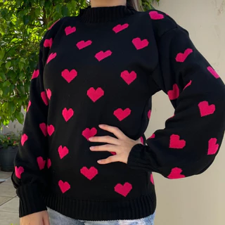 Blusa Frio De Tricô/Tricot Feminina 2023 Jacard De Coração Moda Inverno