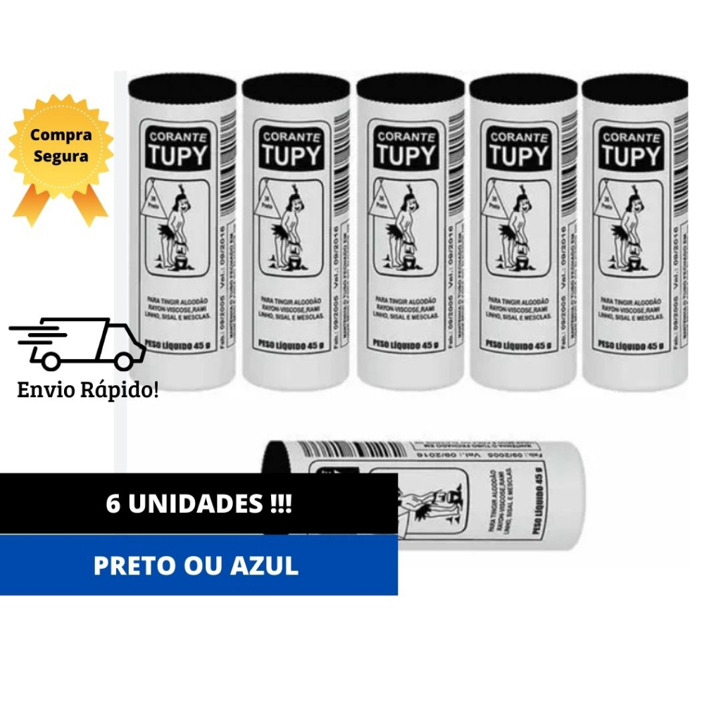 Corante para Tingir Tecidos Roupa Tupy 45g 6 unidades - Preto ou Azul