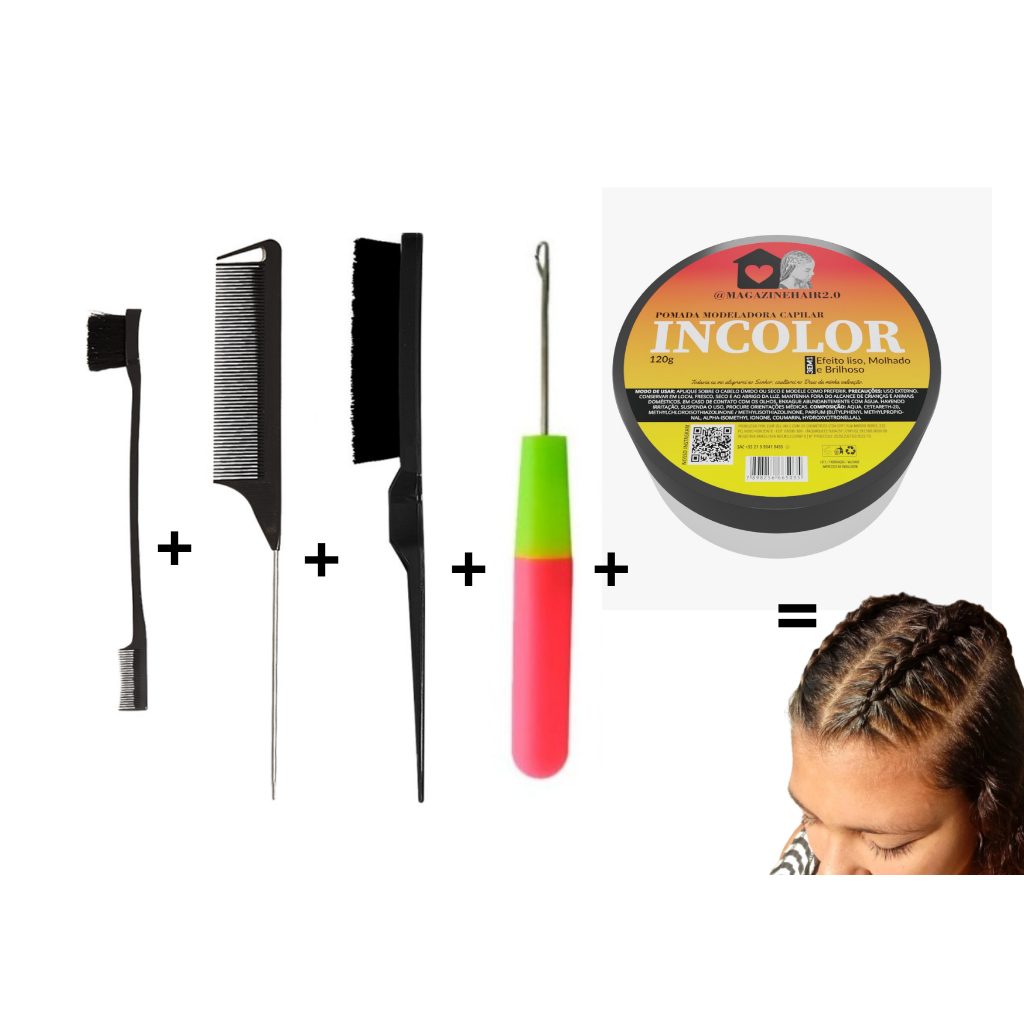KIT TRANCISTA DIAMANTE/5 PEÇAS/ESCOVA BABY HAIR/PENTE/ESCOVA/AGULHA TRAVA GANCHO/POMADA INCOLOR/TRANÇAS/CABELO/PENTEADOS