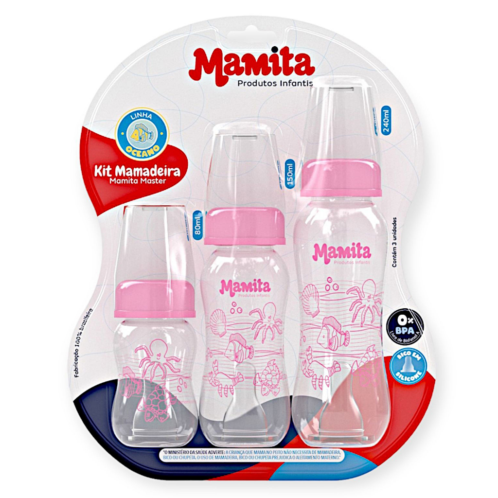 Conjunto 3 Mamadeiras Bico De Silicone Blister Bebê Presente Kit c/ 3 Mamadeiras (80ml - 150ml - 240ml)