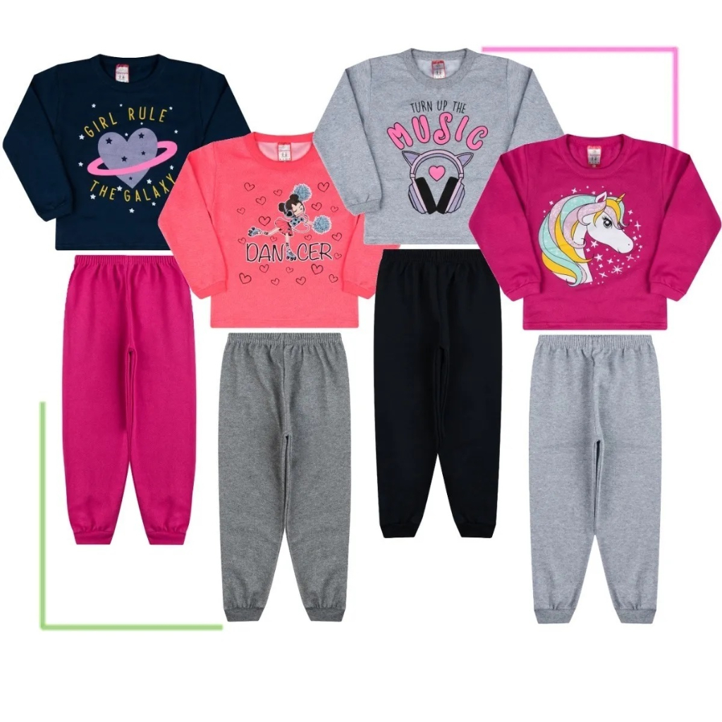 Kit 4 Conjuntos Infantil Menina - Moletom Quentinho - Dia A Dia - 1 A 8 ...