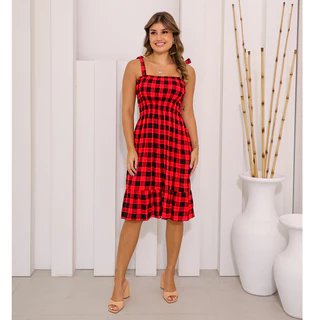 VESTIDO CURTO ALÇINHA MODA XADREZ VISCOSE COM LATEX