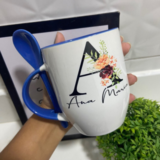 Caneca Personalizada com Colher - Preta Inicial com Nome Masculina e Frase  - Mimos Maria Personalizados