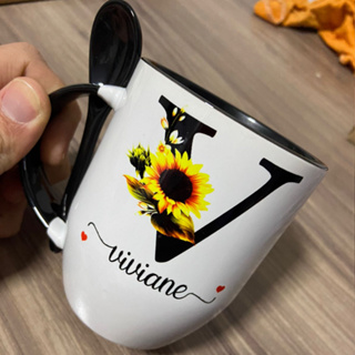 Caneca Personalizada com Colher - Preta Inicial com Nome Masculina e Frase  - Mimos Maria Personalizados