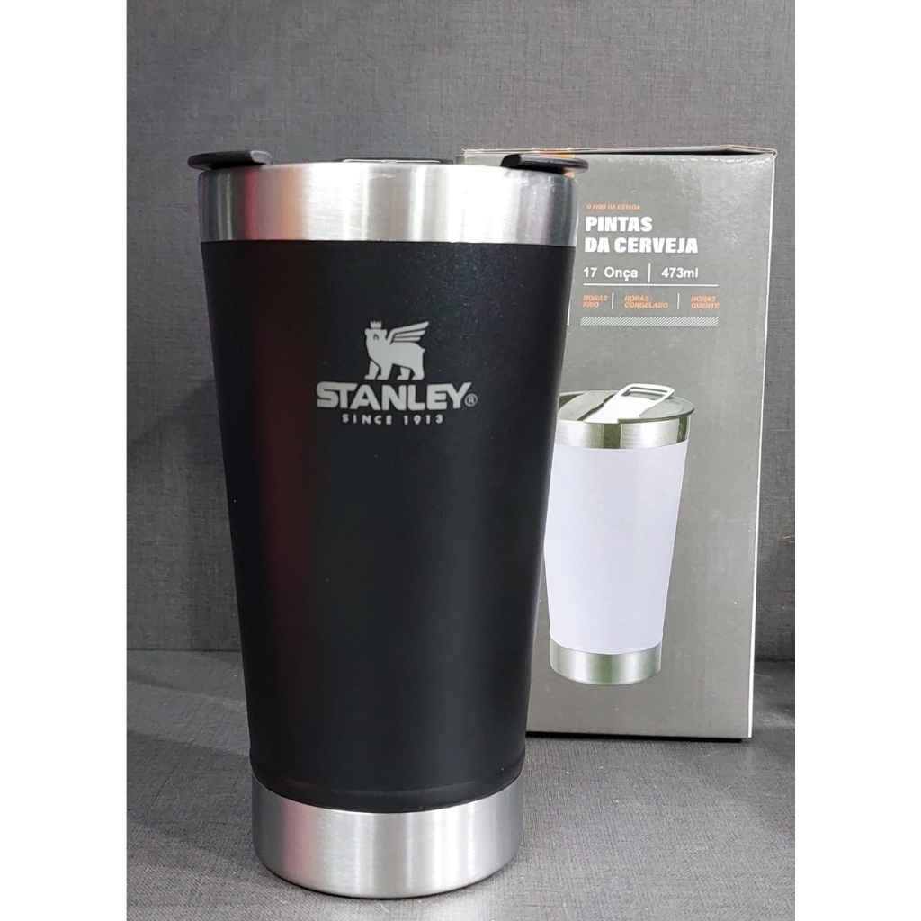 Copo Térmico STANLEY Inox BARATO Cerveja, Refrigentante PRETO com Tampa e Abridor de Garrafa 473ml