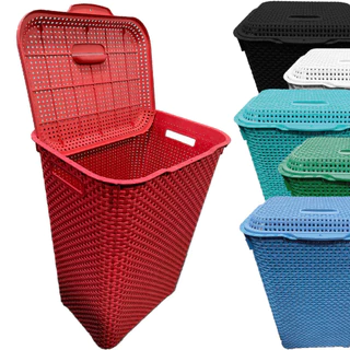 1 Cesto Para Roupa Suja Rattan 72 Litros Retangular Com Tampa Resistente Lavanderia Quarto