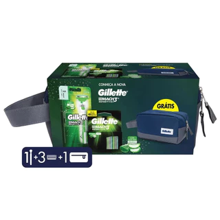 Kit Aparelho de Barbear Gillette Mach3 Sensitive AquaGrip 1 Unidade + 3 Refis + 1 Necessaire