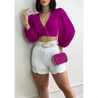 Cropped Blusa Manga Comprida Bufante Amarração Multiformas Elegante