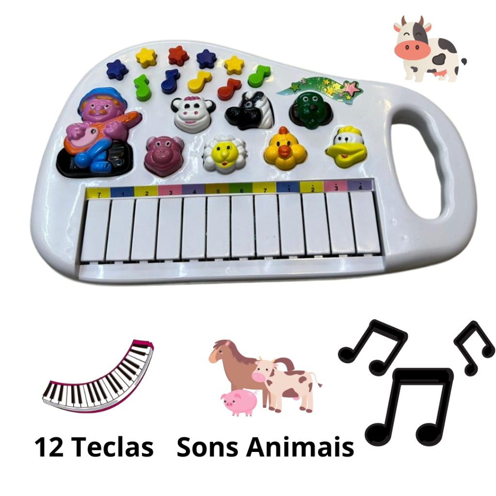 Brinquedo infantil vaquinha fazendinha piano teclado musical