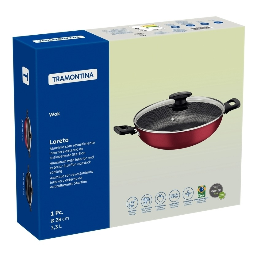 Panela wok antiaderente 3.3l tampa de vidro 28cm Tramontina