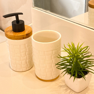 Kit Banheiro Lavabo Porta Sabonete liquido Dispenser e Porta Escova de Dente Cerâmica/Porcelana para Decoração