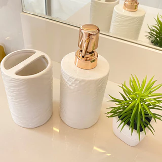 Kit Banheiro Lavabo Porta Sabonete liquido Dispenser e Porta Escova de Dente Cerâmica para Decoração