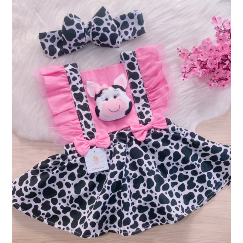 Romper Fazenda Fazendinha Rosa Vaquinha Vaca Infantil Bebê Romper body fantasia vestido baby roupa menina Meia