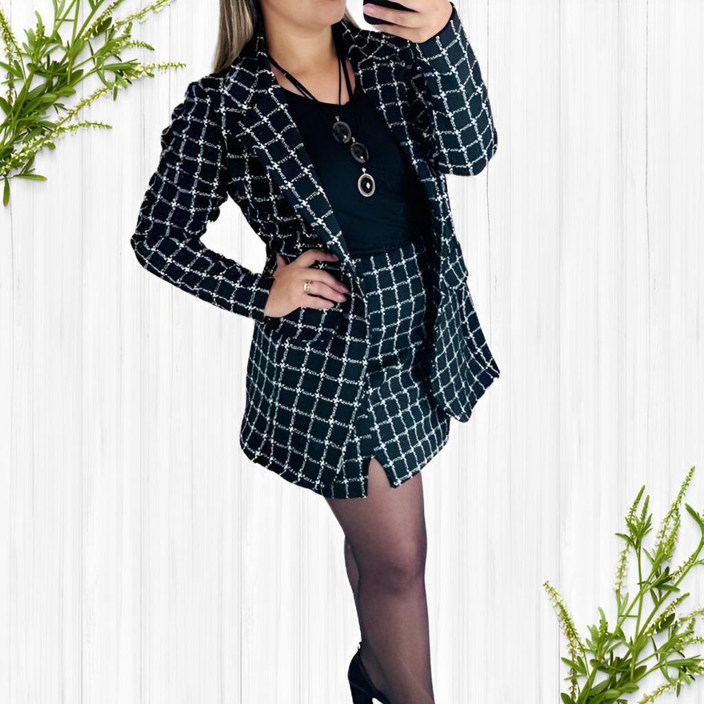 Conjunto Social Feminino Blazer e Saia Xadrez Jacquard Preto detalhe ...