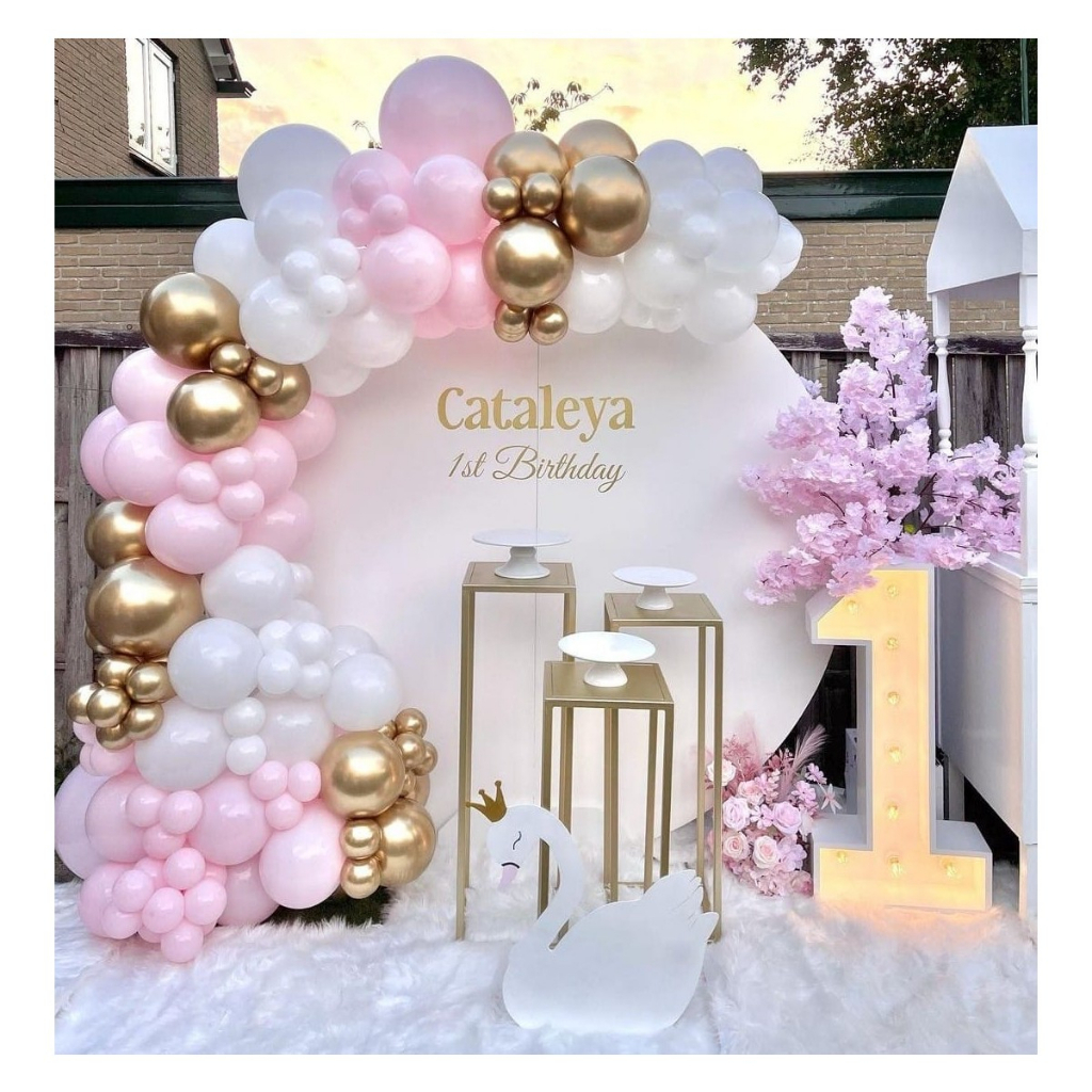 Kit Arco Balão Bexiga Branco + Rosa + Dourado Metalizado Decoração Festa