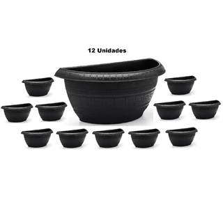 Kit 12 Vasos Meia Lua 3,3L Preto- Jardim Vertical-Flores