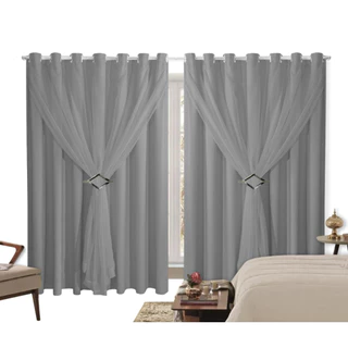 Cortina Corta Luz 4,00m X 2,50m 100% Blackout Com Voil Cinza Ilhós Cromado Para Sala Ou Quarto Para Varão Simples