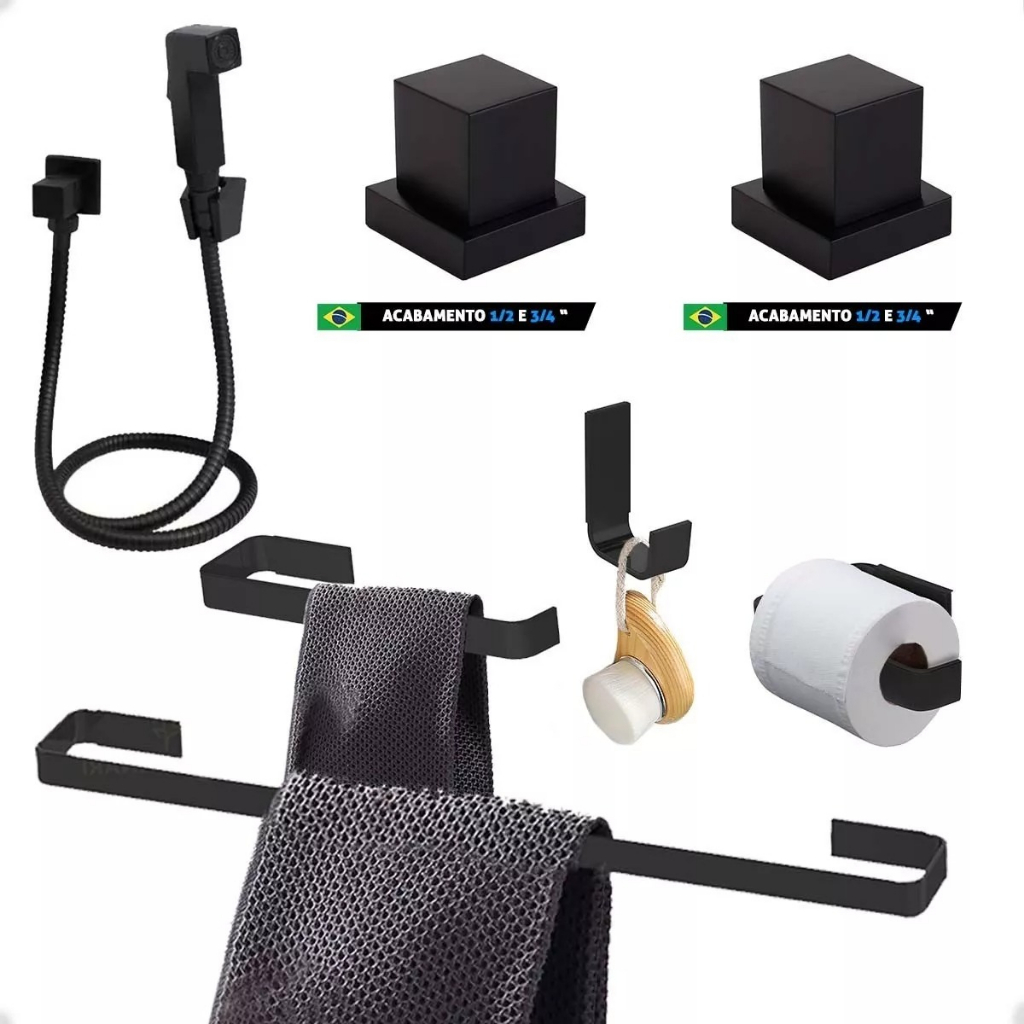 Kit de Acessórios para Banheiro Quadrado Preto Fosco Matte Completo Luxo com Ducha Higiênica e acabamentos de registro padrão deca