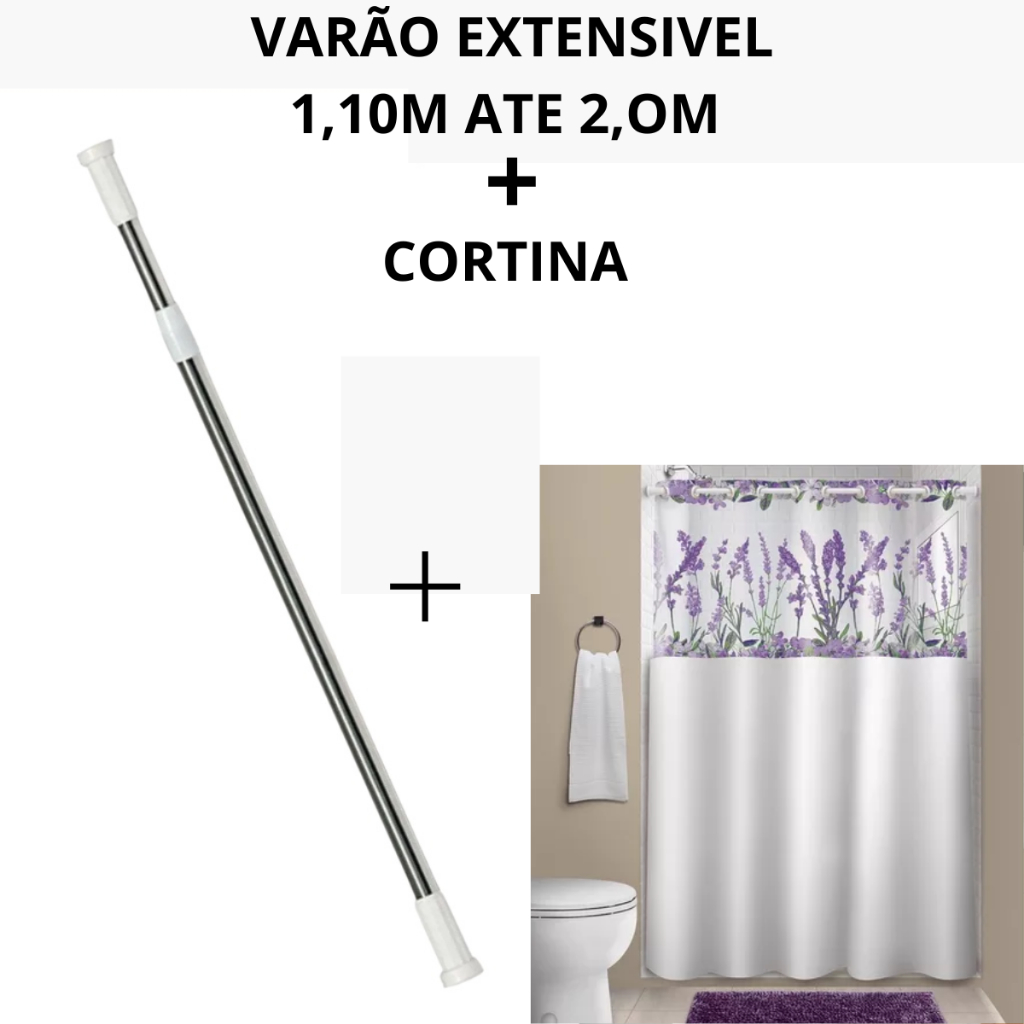 Varão Extensivel Mais Cortina Box Vinil De Banheiro 1,1m até 2,0m