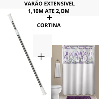 Kit Varão Extensivo + Cortina Para Box Banheiro 1,10 Ate 2mts