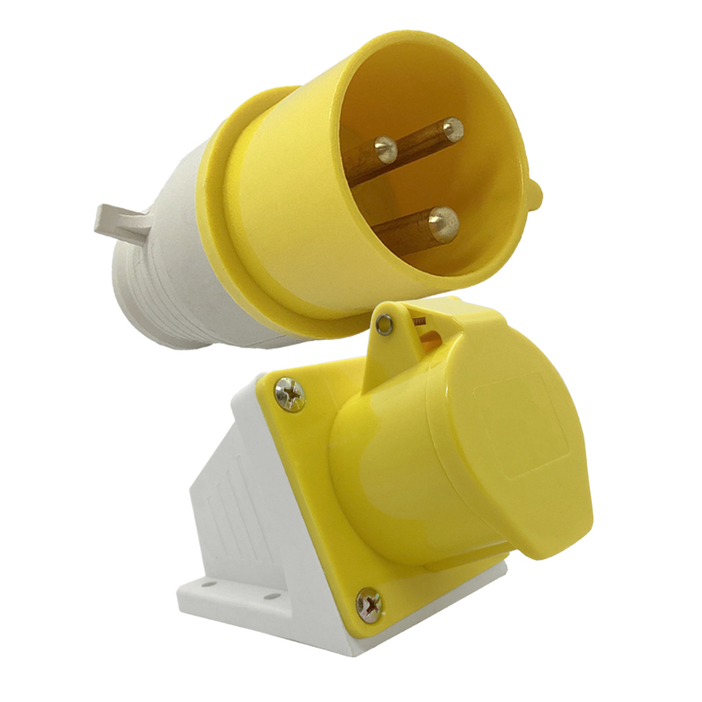 Kit Tomada Industrial Sobrepor + Plugue Amarelo de Parede Engate Plug IP44 2p+t 4h 16a 127v-1un