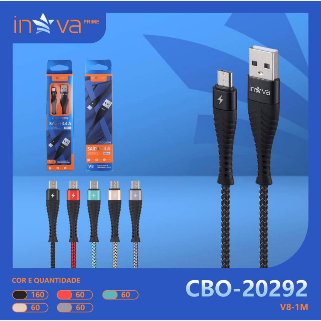 kit 5pcs Cabos USB Entrada Micro USB V8 2.1 Inova / Basike - Cabo de Dados e Carregamento 1 metro Turbo Nylon