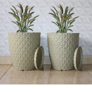 Kit com Dois Vasos Decorativo Polietileno para Plantas Coluna Redonda Diamante N1 com Prato Coletor