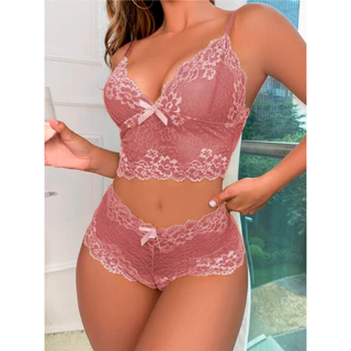 Conjunto Renda Espera Marido Lingerie Cropped Sutiã Sem Bojo Short Calcinha Caleçon