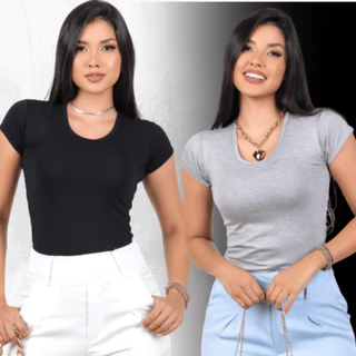 Kit 3 Blusa Feminina Básica Baby Look manga curta Gola O